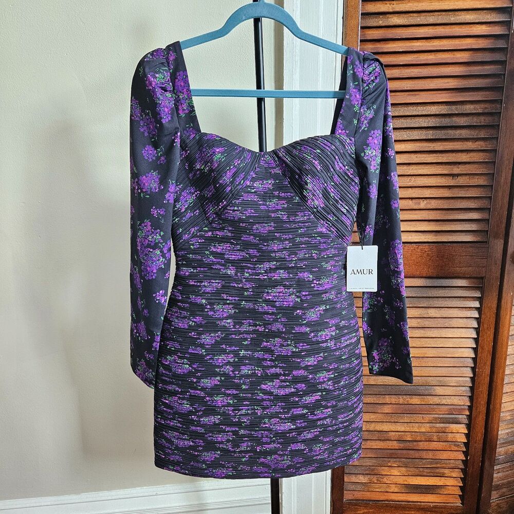 AMUR Size 2 Long Sleeve Dress Purple Black Floral Sweetheart Neckline